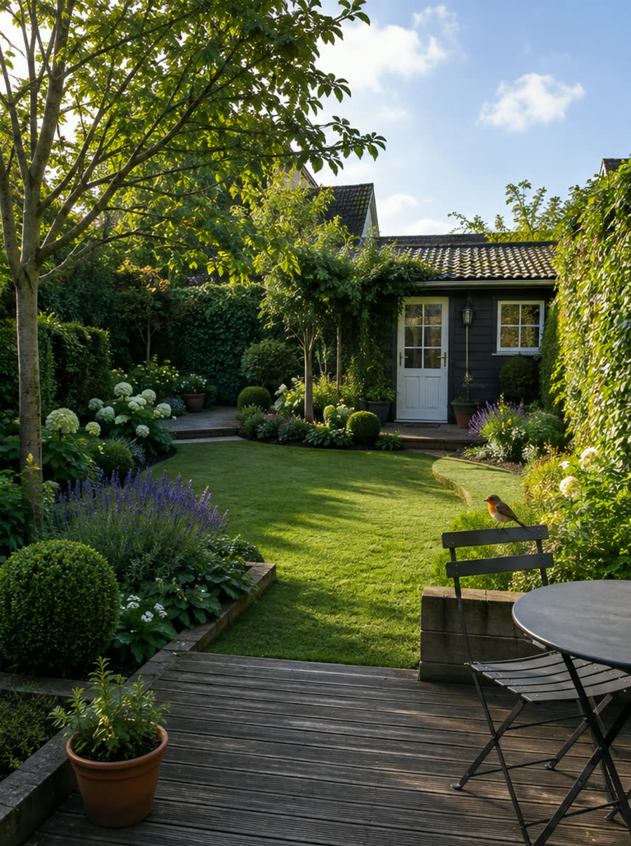Gepflegter Garten nach der Neugestaltung: runder Rasen, strukturierte Beete, freier Blick aufs Gartenhaus
