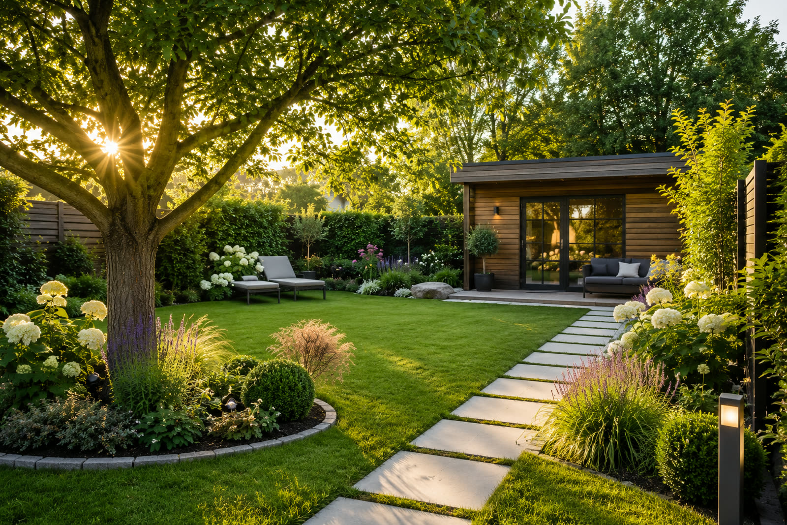 Privatgarten mit Gartenhaus, Loungebereich, gepflegtem Rasen und altem Baumbestand im Abendlicht