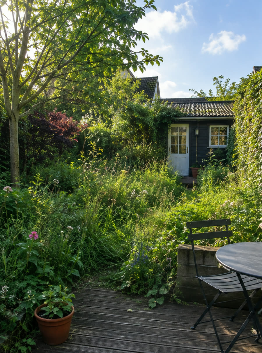 Zugewucherter Garten vor der Neugestaltung: hohes Gras, wilder Bewuchs, verdeckter Blick aufs Gartenhaus